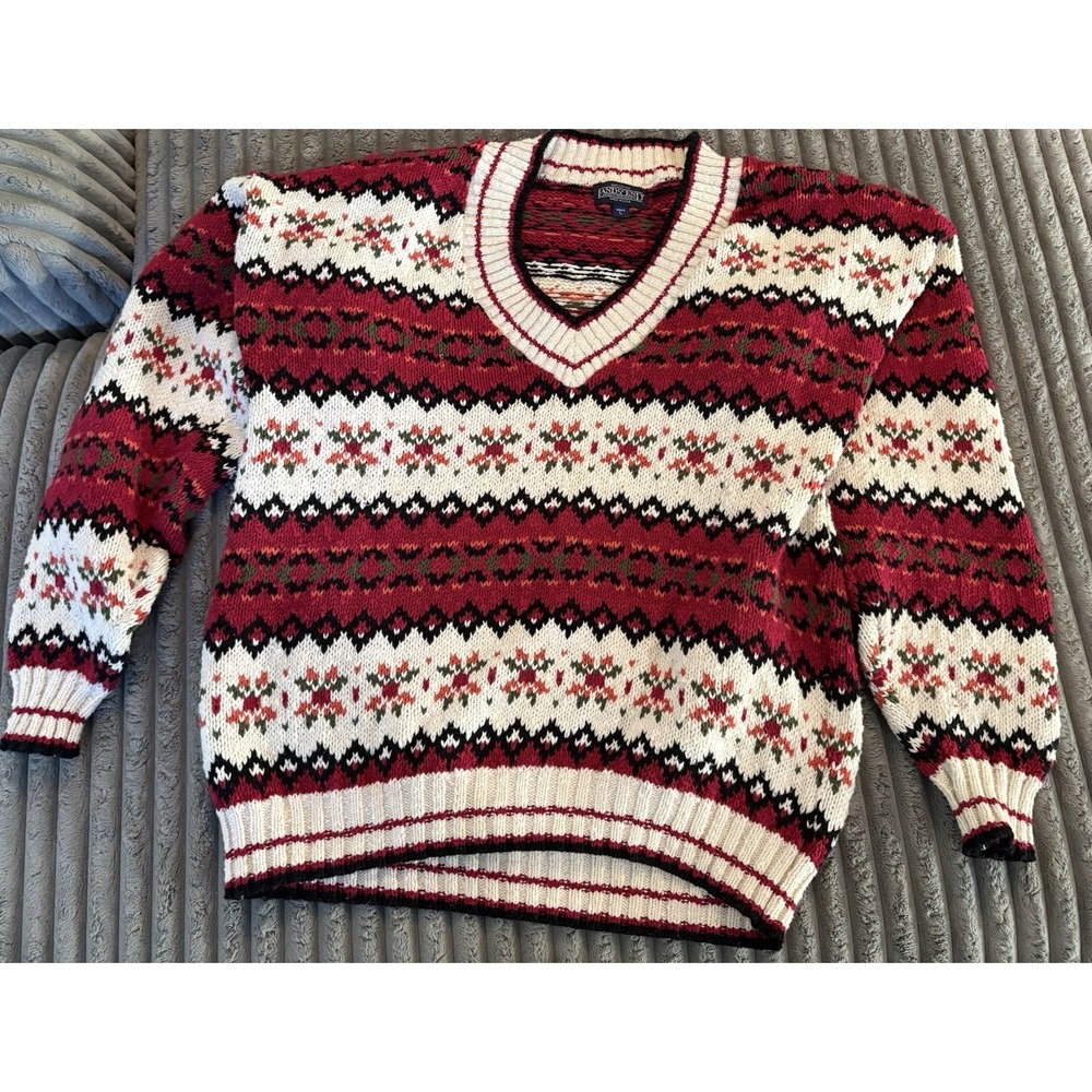 Lands End Vintage Knit Sweater Mens L Made in USA 100% Cotton Patterned V-Neck